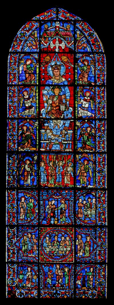 Notre Dame de la Belle Verrière; abajo están las escenas de las bodas de Caná y la tentación de Cristo en el desierto de French School