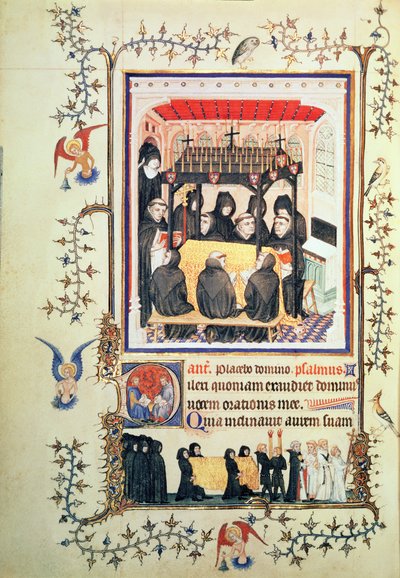 Nouv Lat 3093 f.104 Monjes rezando, de las Très Belles Heures de Notre Dame de Duc de Berry, c.1380 de French School