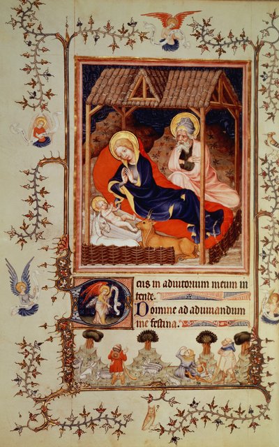 Nouv Lat 3093 f.42 Natividad y Visitación de los pastores, del Très Belles Heures del Duque de Berry, comenzado c.1382 de French School