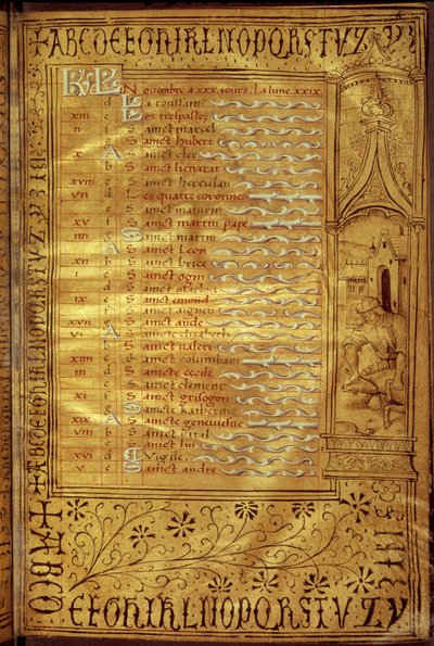 Página del calendario de noviembre: representación de un campesino descubriendo un cerdo. Manuscrito francés de French School