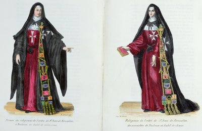 Monjas de la Orden de San Juan de Jerusalén, ilustración de Historia y Trajes de Órdenes Monásticas por el Padre Helyot, 1842 de French School