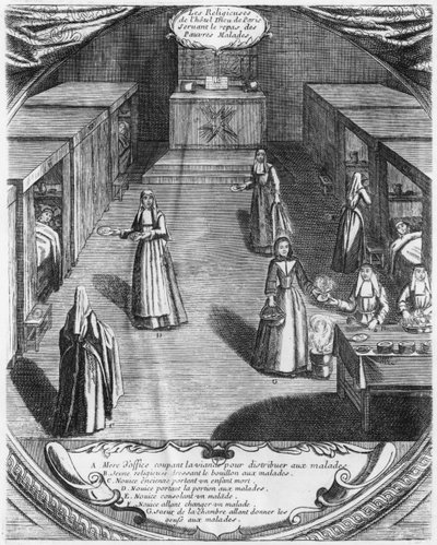 Monjas sirviendo comida a los pacientes en el Hospital del Hôtel-Dieu en París de French School