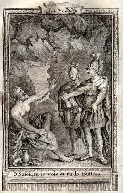 ¡Oh Sol, lo ves, y lo sufres! Ulises me respondió sin moverse: Júpiter lo quiere... grabado de 1798 por Monnet en “Las Aventuras de Telémaco, hijo de Ulises” por François de Salignac de La Mothe-Fénelon llamado Fénelon - de French School