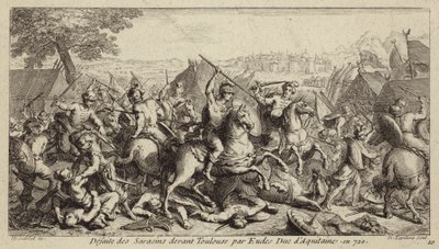 Odo, Duque de Aquitania, derrotando a los omeyas en la Batalla de Toulouse, 721 (grabado) de French School