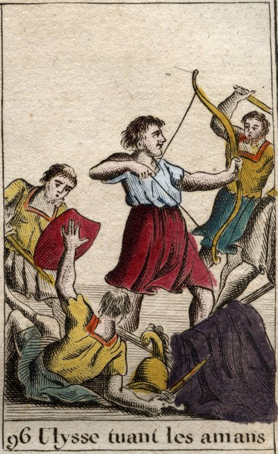 Odisea de Homero: Ulises matando a los pretendientes de Penélope a su regreso a Ítaca. De “Mitología de la Juventud” por Pierre Blanchard 1803. de French School