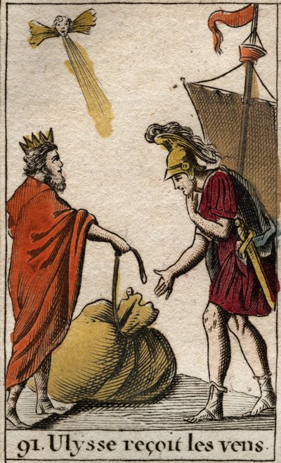 Odisea de Homero: Eolo, rey de la isla de los Cíclopes, dona a Ulises la bolsa que contiene los vientos permitiéndole usarlos a su favor. De “Mitología de la Juventud” por Pierre Blanchard 1803. de French School