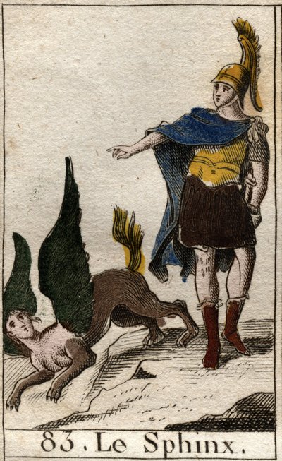 Edipo resuelve el enigma de la esfinge que se arroja desde su alta roca. De “Mitología de la juventud” por Pierre Blanchard 1803. de French School