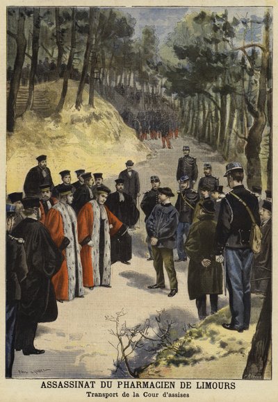 Oficiales del tribunal visitando la escena del asesinato del Sr. Kauffmann, un farmacéutico de Limours, cerca de Royat, Francia, 1897 de French School