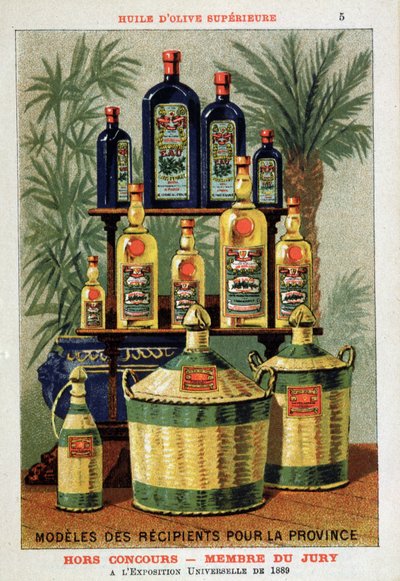 Contenedores de aceite de oliva para París y la Provincia presentados en la Exposición Universal de 1889 de French School