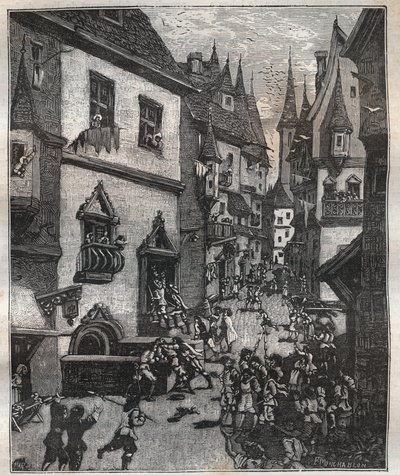 El 20 de mayo de 1636 ocho falsificadores fueron arrestados en la rue Champfleuri por dos comisionados de policía acompañados por una docena de sargentos - en Paris a travers les siecles por Nicolas Jules Henri Gourdon de Genouillac (1826-1898) de French School