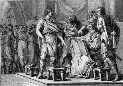 A la muerte de Clotario I, Rey de los Francos, sus cuatro hijos recibieron cada uno una parte del reino. Sus nombres son Cariberto I (ca. 520-567), Gontrán I (ca. 545-592), Sigeberto I (535-575) y Chilperico I (ca. 539-584). Grabado de French School