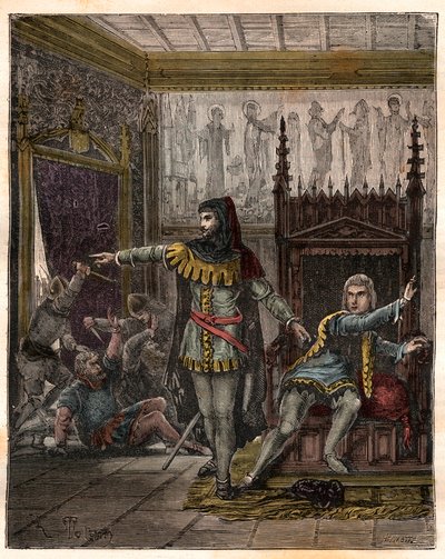 Guerra de los Cien Años: El delfín Carlos (luego Carlos V) y Etienne Marcel que asesinó a dos ministros en la habitación del delfín francés de French School
