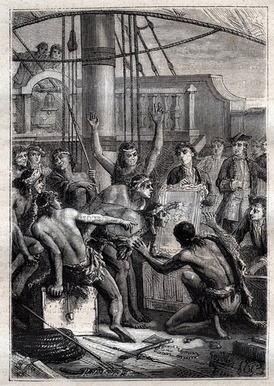 Solo un espejo tenía el don de excitar su asombro: Viaje de Samuel Wallis (1728-1795) en Polinesia - indígenas asombrados por un espejo - ilustración tomada de “Los Grandes Marineros del siglo XVIII” de French School