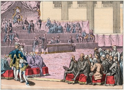 Apertura de los Estados Generales en Versalles el 5 de mayo de 1789 reuniendo a los Tres Estados (el Clero, la Nobleza y el Tercer Estado) - Grabado de finales del siglo XIX en “Nos Gires Nationales” de French School