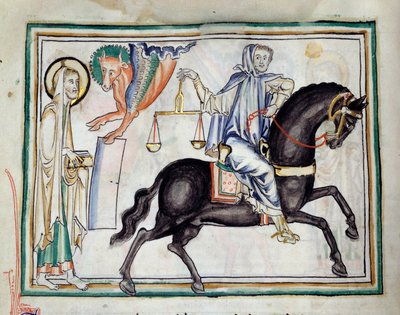Apertura del tercer sello: un caballero en un caballo negro sosteniendo una balanza simbolizando penuria y hambruna Miniatura tomada de “El Apocalipsis de Cambrai” iluminada por la Escuela Francesa del siglo XIII. Ms. 422. Biblioteca Municipal, Cambrai de French School
