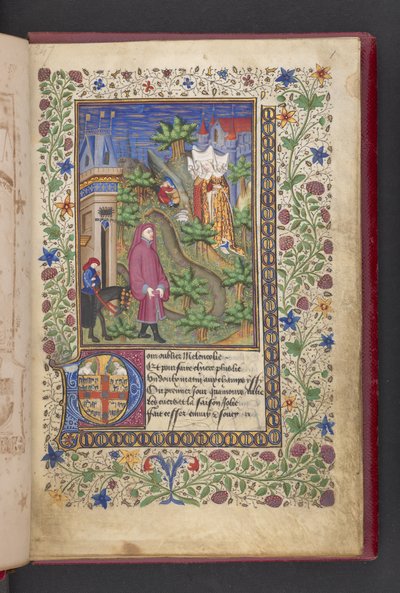 Página de apertura. Un caballero en un paisaje, seguido de otro montado a caballo, con tres damas.  Le livre des quatre dames; por Alain Chartier. Le livre des quatre damas; por Alain Chartier.  Chartier, Alain, sin especificar, secretario de Carlos V de French School