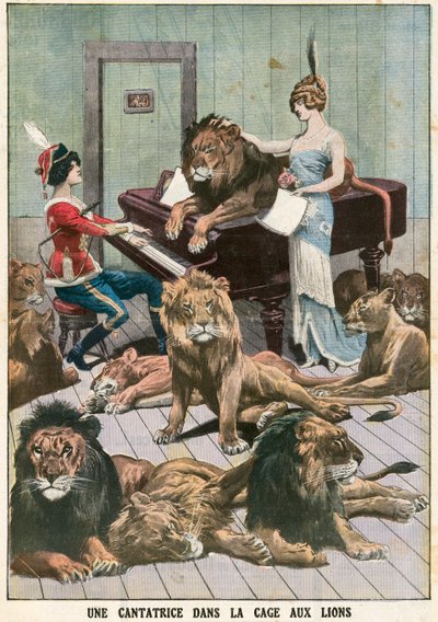 Cantante de ópera en una jaula de leones de French School