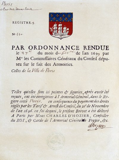Orden que establece las Armas de la Ciudad de París, 27 de febrero de French School