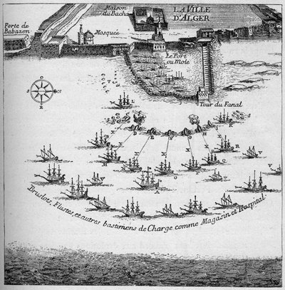 Orden de los barcos franceses para el ataque a Argel en 1683. Grabado en 