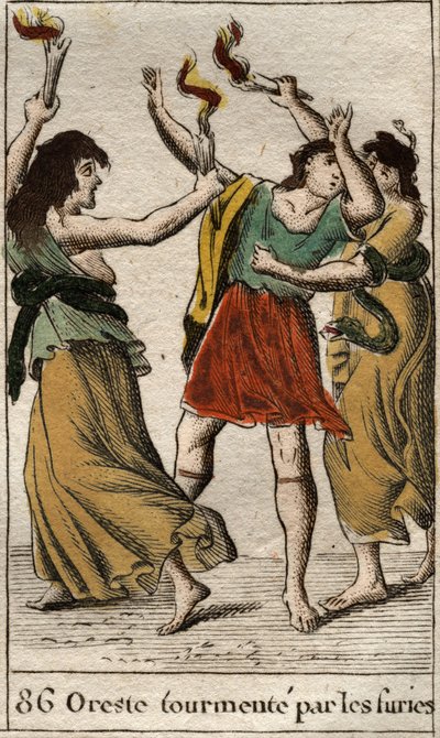 Orestes perseguido por las Erinias (o Furias) por vengar la muerte de su padre Agamenón matando a su madre Clitemnestra. De “Mitología de la Juventud” por Pierre Blanchard 1803. de French School