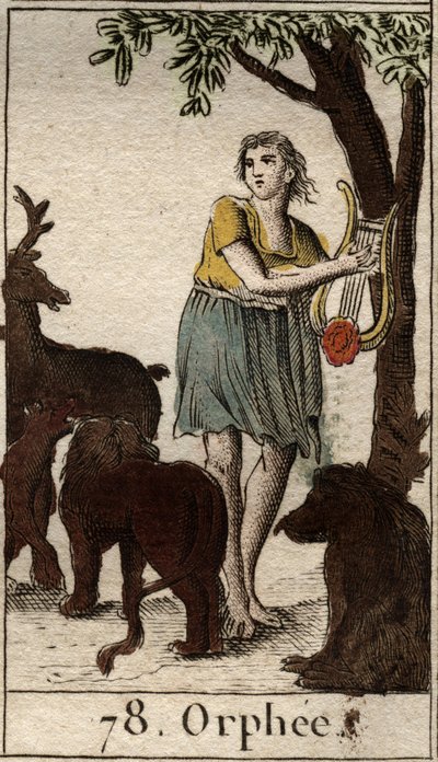 Orfeo encanta a los animales salvajes tocando su lira. De "Mitología de la Juventud" por Pierre Blanchard 1803 de French School