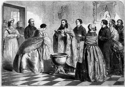 Rito ortodoxo - bautismo: ceremonia de bautismo, según el rito griego, en la alta sociedad rusa en 1858. El niño es presentado al Papa por su madrina antes de ser sumergido en el baptisterio. Grabado en “Le Monde Illustré” n°81 del 30 de octubre de French School
