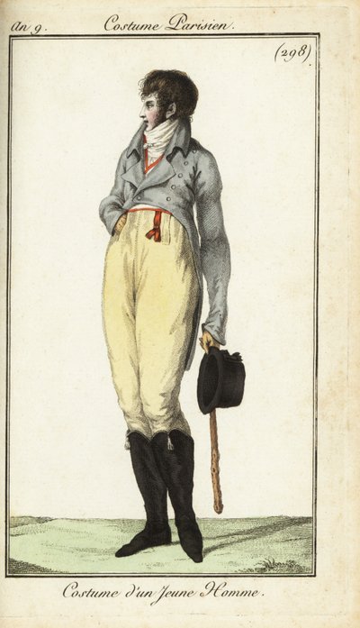 Conjunto de un joven o Incroyable, mayo de 1801 (grabado en cobre coloreado a mano) de French School