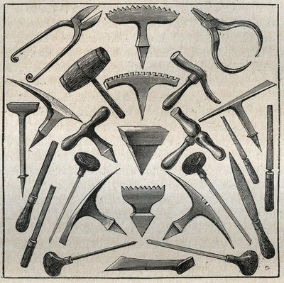 Herramientas del orfebre. Grabado de 1885 en “Les arts et métiers illustrés” de Adolphe Bitard. de French School