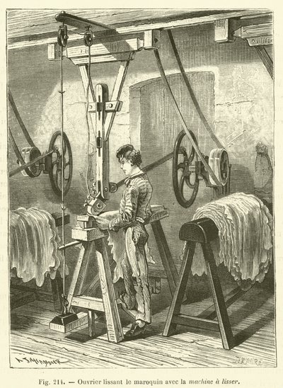 Obrero alisando el marroquín con la máquina de alisar de French School