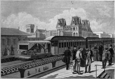Vista general de la estación de ferrocarril elevado y tren eléctrico en Nueva York, EE.UU. Grabado en “La Nature. Revue des sciences et de ses aplicaciones aux arts et a l
