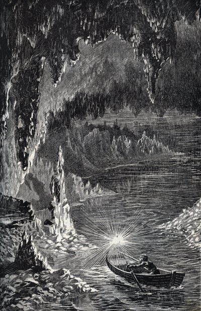 Cueva de Padirac en el departamento de Lot, en Francia - Río subterráneo - Gouffre de Padirac - en el Lot en Francia - grabado en "PATRIE" - DESCRIPCIÓN PICTÓRICA DE FRANCIA EN 6 VOLÚMENES POR LUCIEN HUARD - finales del siglo XIX de French School