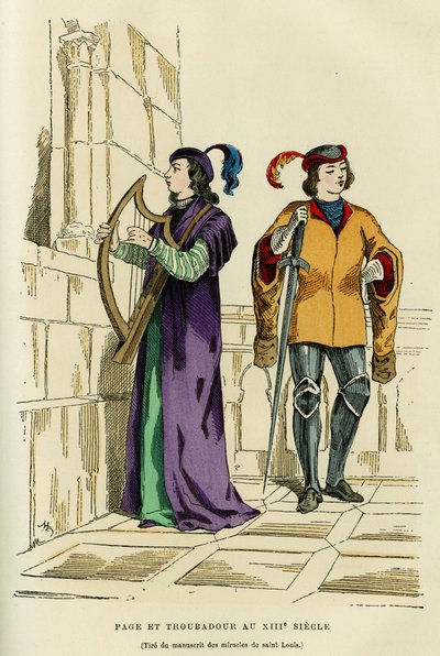 Trajes de paje y trovador en el siglo XIII. Grabado en color según un dibujo del manuscrito de los milagros de San Luis (Luis IX 1214-1270), en “Francia y los franceses a través de los siglos” de Augustin Challamel, F.Roy editor, París 1882. S de French School