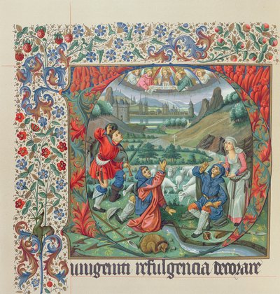 Página de una edición facsímil del Misal de Jouvenel des Ursins con una inicial historiada y una vista de París y el Sena en el siglo XV de French School