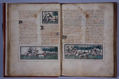 Páginas 57 y 58, de Le Livre du Roy Modus et de la Royne Racio, por Henri de Ferrieres, c.1420 de French School