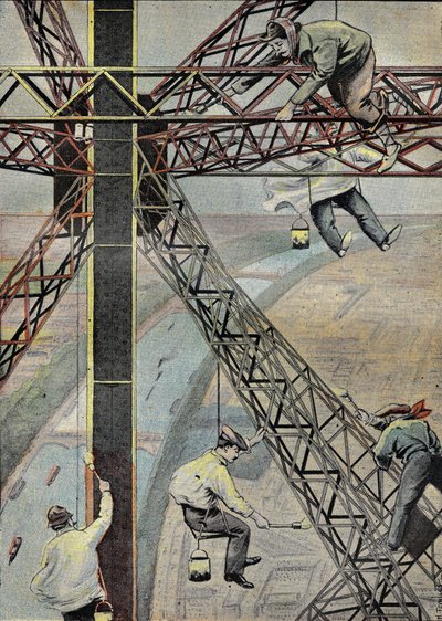 Pintores trabajando, suspendidos a 200 metros sobre París, para pintar la Torre Eiffel en 1899. Grabado en “Le Pelerin” 16/07/1899. de French School