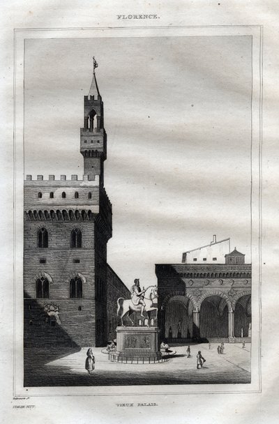 Palazzo vecchio en Florencia - Piazza della Signoria - Grabado de 