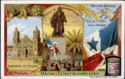 Panamá: la catedral, la estatua de Colón, la bandera - cromo de French School