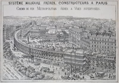 Vista panorámica del Metro Elevado en París, ilustración de Le Metropolitain, mayo de 1885 de French School