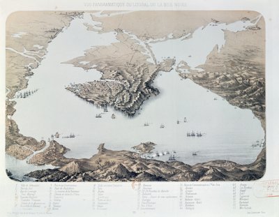 Vista panorámica y plano de Sebastopol y la costa del Mar Negro en la época de la Guerra de Crimea, 1855 de French School