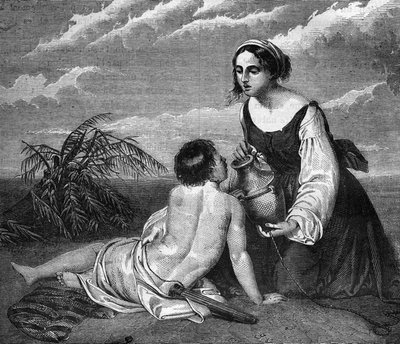 Roma Papal: Agar, la sirvienta de Abraham, le dio un hijo, ya que su esposa Sarai no podía tener hijos. Será expulsada al desierto con el niño y encontrará agua gracias a un ángel. Grabado en “La historia de la prostitución y la depravación entre todos los de French School