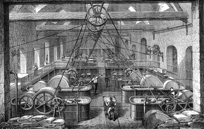 Industria papelera: taller para refinar y blanquear la pasta de papel. Grabado 1867 de French School