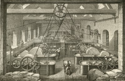 Fabricación de papel: blanqueo de pasta de trapo. Grabado c1870. de French School