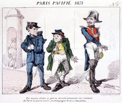 París pacificado 1871 - Como medida de orden y seguridad personal, cada residente de París solo puede salir con dos velas. Caricatura sobre la Comuna. de French School