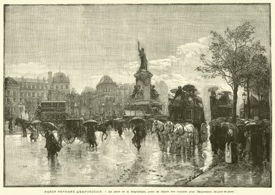 París Durante la Exposición, la plaza de la República, punto de partida de los coches para la Exposición, un día de lluvia de French School