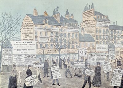 Escena de calle parisina con muchos anuncios, principalmente de medicamentos, 1885 de French School