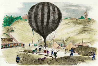 Sede de París de 1870: vista de uno de los globos utilizados para la comunicación con el exterior está colocado en la plaza Saint Pierre (Montmartre) de París. Grabado de 1870 Colección privada de French School