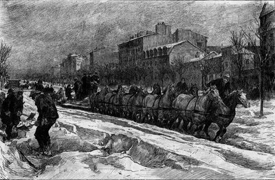 París bajo la nieve, invierno 1879-1880: el arado de hielo (caza de nieve) del Boulevard Montparnasse. Grabado en "Le Monde Illustré" n°1188 del 3 de enero de French School