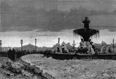 París bajo la nieve, invierno de 1879-1880: vista de una de las fuentes de la Place de la Concorde durante la helada. Grabado por Scott en “The Illustrous World” n°1188 del 3 de enero de French School