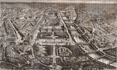 París vista desde el Arco de Triunfo de la Estrella - Rue de Rivoli y el Sena - grabado en 