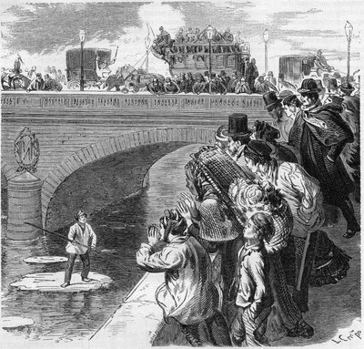 París, invierno de 1870: un niño sube a un témpano de hielo hacia el Sena, desde el puente de Bercy hasta el viaducto de Passy. Grabado en "Le Monde Illustré" n°672 del 26 de febrero de 1870 de French School